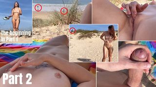 One day at the public nudist beach at Portugal. Masturbation and handjob behind strangers. PART 2